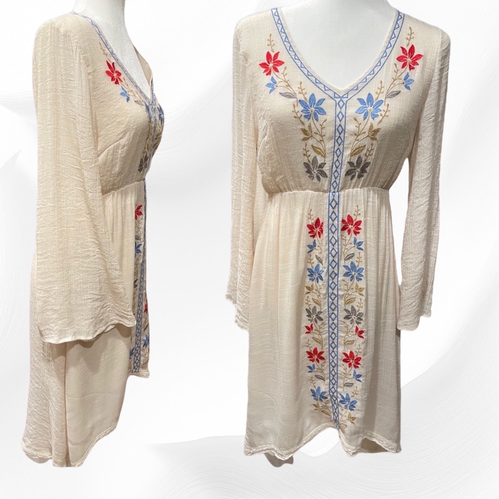 Flying Tomato, Boho, Long Bell Sleeve, Embroidered, V-Neck, Cream Dress, Size M